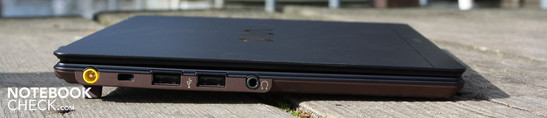 Слева: разъем питания, разъем для замка Кенсингтона, 2 x USB 2.0, выход для наушников