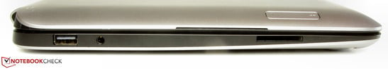 Слева: USB 2.0, аудиоразъем, SD-картридер и качелька-регулятор громкости над ним (на задней панели)