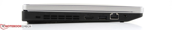 Слева: Разъем для замка Кенсингтона, HDMI, USB 2.0, RJ45, комбинированный разъем для микрофона и наушников
