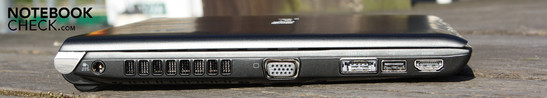 Слева: Разъем для подключения питания, решетка вентиляции, VGA, eSATA/USB, USB 2.0, HDMI