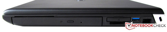 Справа: Опт. привод (DVD), SmartCard, ExpressCard 34, USB 3.0, 2х USB 2.0