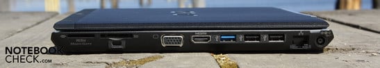 Справа: картридер, VGA, HDMI, USB 3.0, два USB 2.0, Ethernet, вход питания