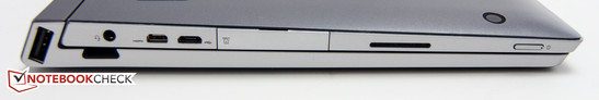 Слева: USB 2.0 (на док-станции), 3.5-мм аудиоразъем, micro-HDMI, microUSB, слоты microSD и SIM (под заглушкой), кнопка питания