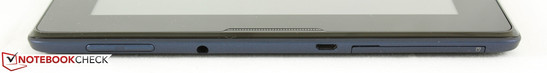Слева: качелька-регулятор громкости, 3.5-мм аудиоразъем, microUSB 2.0, слот microSD