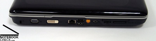 Слева: Kensington Lock, VGA, DVI-D, LAN, 2x USB, S-Video, Firewire, картридер, ExpressCard