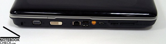 Слева: Kensington Lock, VGA, DVI-D, LAN, 2x USB, S-Video, Firewire, картридер, ExpressCard Слева: Kensington Lock, VGA, DVI-D, LAN, 2x USB, S-Video, Firewire, картридер, ExpressCard