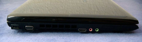 Левая панель: USB 2.0, VGA-выход, вентилятор, HDMI, аудио, ExpressCard