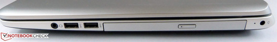 Справа: 3.5-мм 2-в-1 аудиоразъем, 2 порта USB 3.0, DVD-привод, разъем питания