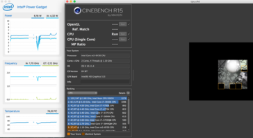 Далее частота падает до 1.7 ГГц (на скриншоте Cinebench R15.) Спадает и нагрев, до 74 °C.