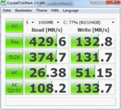 Crystal Disk Mark 3.0: 429/132 Mб/с скорость чтения/записи
