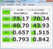 Crystal Disk Mark 3.0: 75/70 Mб/с при чтении/записи