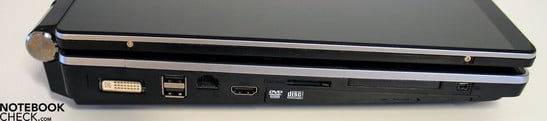 Левая панель: DVI, 2xUSB, LAN, HDMI, картридер, Express card, FireWire, оптический привод