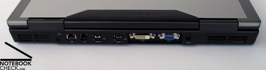 Задняя сторона: вентилятор, S-Video, LAN, модем, 4xUSB, DVI-D, VGA, разъем питания, вентилятор