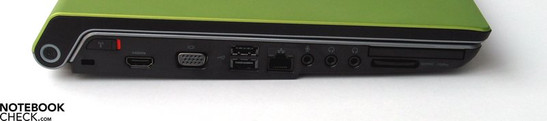 Левая панель: Замок Kensington, HDMI, VGA-Out, 2x USB 2.0, LAN, аудиопорты, ExpressCard, SD Cardreader