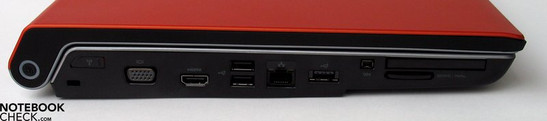 Левая панель: Замок Kensington, VGA-выход, HDMI, 2x USB 2.0, LAN, USB, FireWire, ExpressCard, считыватель SD-карт