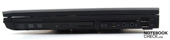 Справа: Слот карты PC,  Слот модуля с приводом DVD-LW,  ридер SmartCard, главный переключательWiFi, IEEE 1394 (FireWire), наушники, микрофон, 2xUSB-2.0