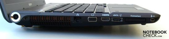 Слева: электропитание, замок Kensington, RJ-45 (LAN), VGA, HDMI, eSATA/USB-2.0, ExpressCard/34, FireWire
