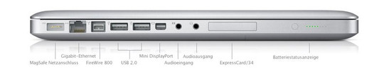 Все интерфейсы (за исключением Kensington Lock) расположены слева: MagSafe, Gigabit LAN, FireWire 800, 2x USB 2.0, Mini DisplayPort, Line-In (аналоговый / оптический), выход наушник