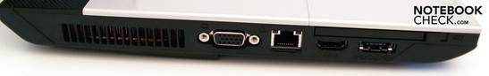 Левая грань: вентилятор, VGA, LAN (RJ-45), ExpressCard/54, HDMI, eSATA/USB,