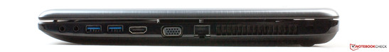 Слева: 2х аудио, 2x USB 3.0, HDMI, VGA, Rj-45 (LAN), Kensington