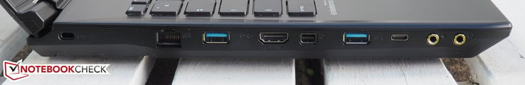 Слева: разъем для замка Kensington Lock, разъем RJ45-LAN, порт USB 3.0, порт HDMI, порт DisplayPort, порт USB 3.0, порт USB 3.0 Type-C, разъемы для микрофона и наушников