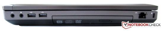 Справа: 2 аудиоразъема, 2 USB 2.0, 1 DVD привод, 1 Gigabit LAN, 1 разъем для замка Кенсингтона