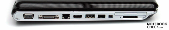 Вид слева: VGA, dock порт, LAN, HDMI, eSATA/USB, USB, Firewire, ExpressCard, картридер