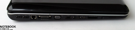 Вид слева: 2x USB, LAN, Порт расширения, VGA-Out, HDMI, eSATA, FireWire, картридер, ExpressCard