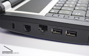 Слева удобно разместились: замок Kensington, модем, LAN (RJ-45), 2 USB 2.0