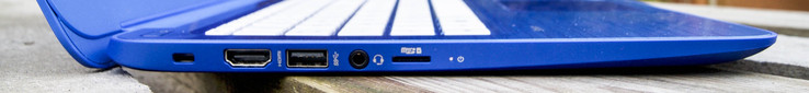 Слева: слот для замка безопасности Kensington Lock, видеовыход HDMI, порт USB 3.0, комбинированный аудиовыход, кард-ридер для карт памяти microSD