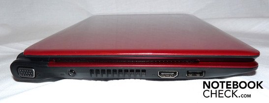 Слева: VGA порт, гнездо питания, вентиляторt, HDMI порт, USB порт.
