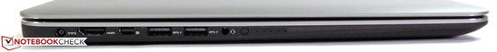 Слева: разъём питания, HDMI, mini-DisplayPort, 2 x USB 3.0, аудио, индикатор заряда батареи