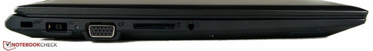 Слева: разъем для замка типа Kensington, разъем питания,  порт VGA, кард-ридер для SD-карт, комбинированный 3.5-мм аудиовыход