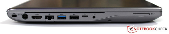 Слева: Разъем для замка Кенсингтона, разъем для подключения питания, HDMI, GBit LAN, USB 3.0, USB 2.0, VGA (с адаптером), комбинированный аудиоразъем, считы