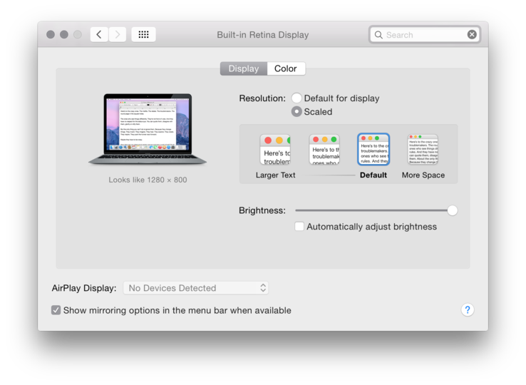 Параметры чёткости экрана в Mac OS X (Изображение: MacWorld UK)