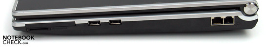 Правая панель: Express Card, картридер, 2x USB 2.0, LAN, модем
