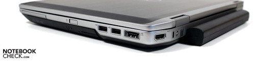 Справа: Expresscard, 2x USB 2.0, USB/eSATA, HDMI, разъем для замка Кенсингтона, модем (опционально)