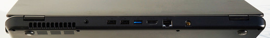 Выход для наушников, 2x USB 2.0, USB 3.0, HDMI, Gigabit Ethernet, разъем для подключения питания, разъем для замка Кенсингтона вынесен направо, считыватель ка