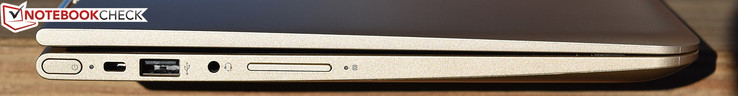 Слева: Кнопка включения, слот для замка Kensington, порт USB 2.0, комбинированный аудиоразъем, качелька регулятора громкости