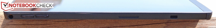 Слева: 3.5-мм аудиоразъем, кнопки регулировки громкости, разъем Kensington Lock