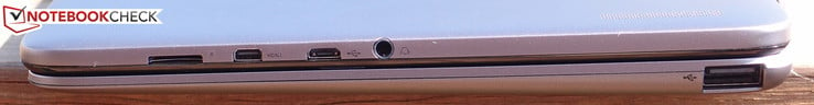 Справа: слот microSD, micro-HDMI, microUSB 2.0, аудиоразъем, USB 2.0 (на клавиатуре)