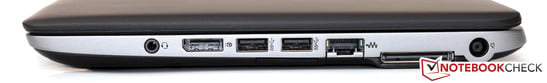 Справа: 3.5-мм аудиоразъем, DisplayPort, 2 порта USB 3.0, SD-кардридер (под USB), гигабитный Ethernet, интерфейс док-станции, разъем питания