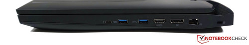 Cправа: USB 3.1 Type-C (Thunderbolt 3), 2x USB 3.0, HDMI 2.0, DisplayPort, Ethernet (10/100/1000), слот замка Kensington
