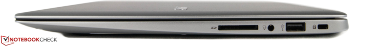 Вид справа: Кардридер, комбинированный аудио разъем, USB 2.0, слот замка Kensington