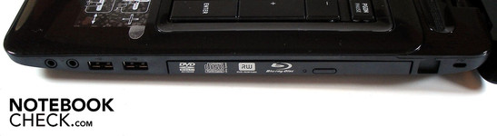 Справа: 2 звуковых разъема, 2 х USB 2.0, привод оптических дисков, разъем для замка Кенсингтона