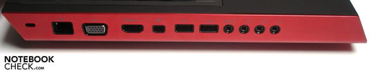 Слева: Kensington, RJ-45 Gigabit-Lan, VGA, HDMI, DisplayPort, 2x USB 3.0, 4x аудио