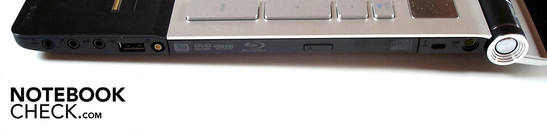 Справа: 3 x аудио разъема, USB 2.0, вход для антенны, привод оптических дисков, разъем для замка Кенсингтона, разъем для подключения питания