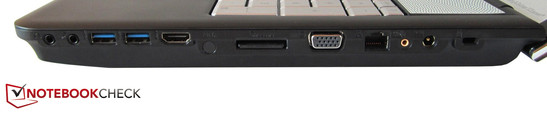 Справа: 2 аудиоразъема, 2 х USB 3.0, HDMI, считыватель карт памяти, VGA, RJ45 Gigabit LAN, разъем для подключения сабвуфера, разъем для подключения питания, р