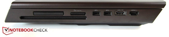 Справа: Оптический привод, ExpressCard-54, картридер, 2x USB 3.0, eSATA/USB-2.0, вход HDMI