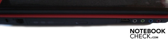 Слева: замок Kensington, модем RJ-11, привод DVD, USB 2.0, 4x аудио